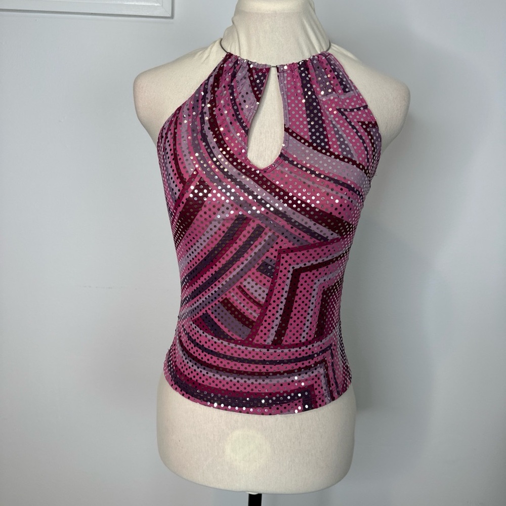 RARE Vtg Charlotte Russe Y2K Pink Sequin Like Halter Top Metal Choker Jr Sm